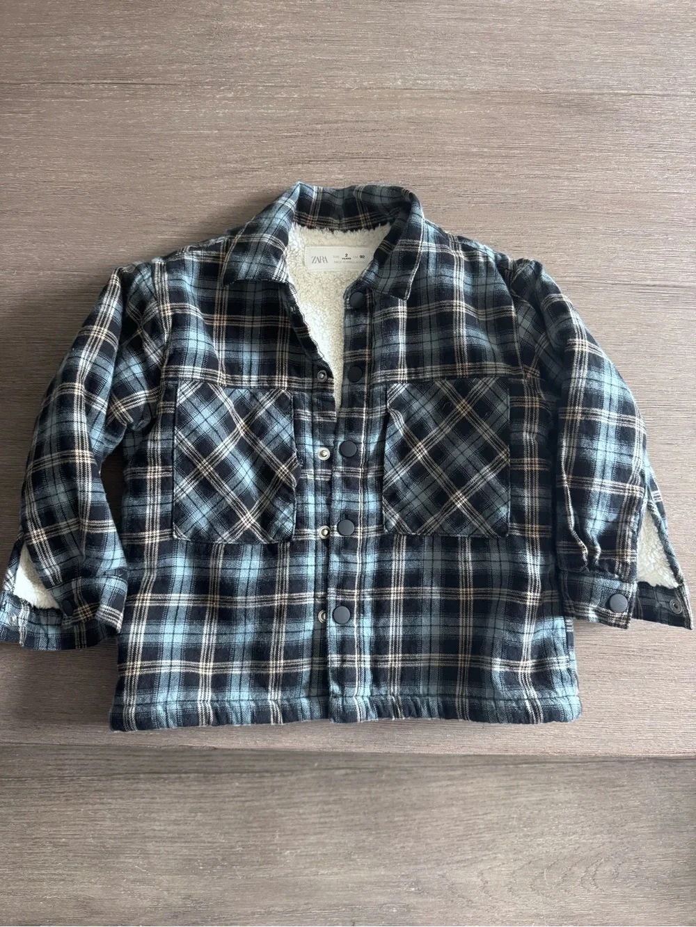 ZARA Kids Blue Plaid Sherpa-Lined Jean-Style Jacket
